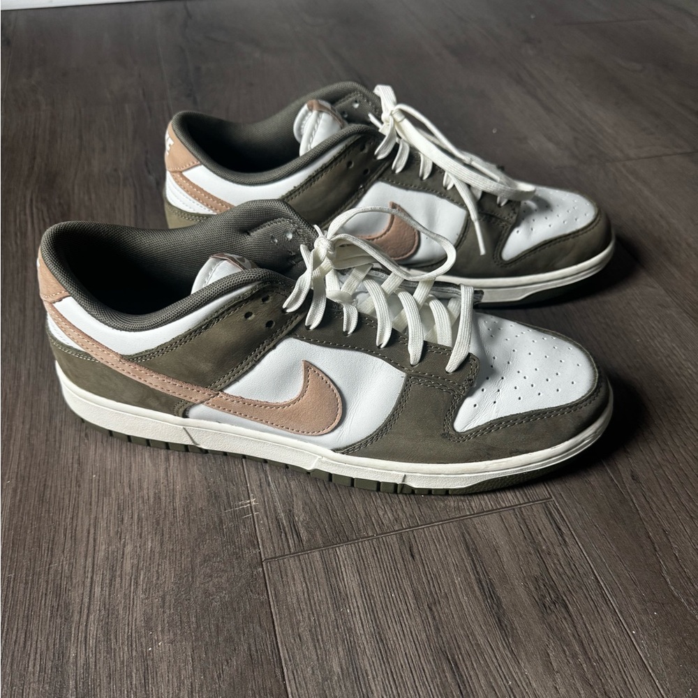 Nike Dunk Low in White and Olive with Tan Accents